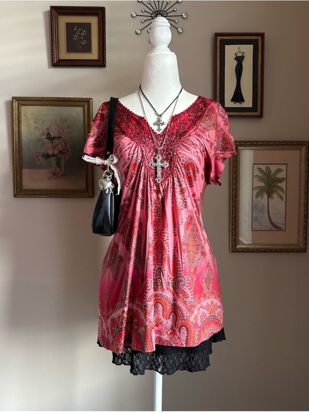 Energie Pink and Red Paisley V-Neck Tunic